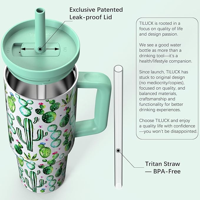 TILUCK 40 oz Tumbler with Handle, Vacuum Insulated Stainless Steel Travel Mug with 100% Leak-Proof Silicone Straw Lid, Cupholder Friendly Water Bottle(Cactus, 40oz)