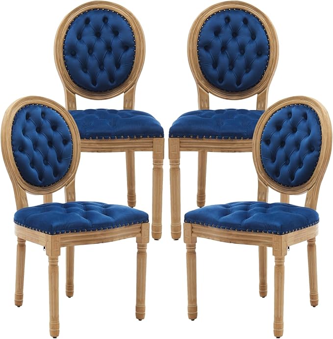 French Country Dining Chairs Set of 4, Vintage Wooden Dining Chairs with Fabric Upholstered Tufted Seat,Solid Wood Legs&Frame, Farmhouse Kitchen&Living Room Chairs(Blue,4 Pcs)