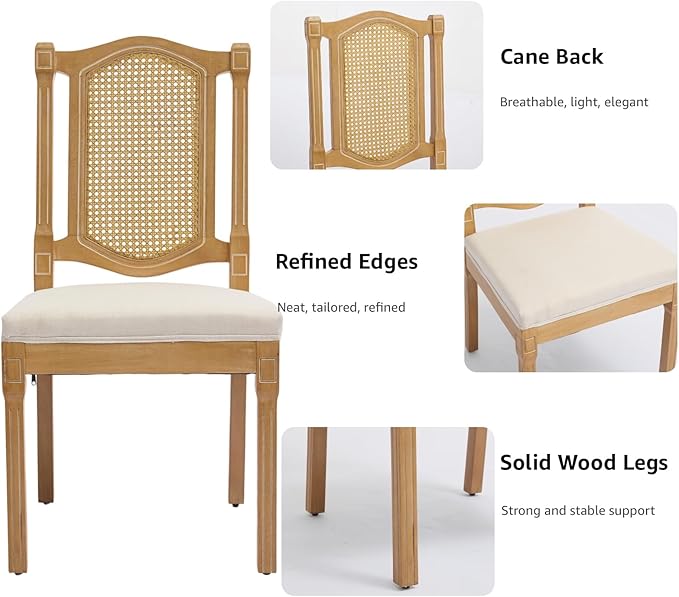 Vintage French Country Dining Chairs Set of 4, Beige Cane Back Rattan Dining Chairs with Linen Upholstered Seat, Solid Wood Legs, Farmhouse Kitchen & Dining Room, Sillas De Comedor (Beige, 4Pcs)