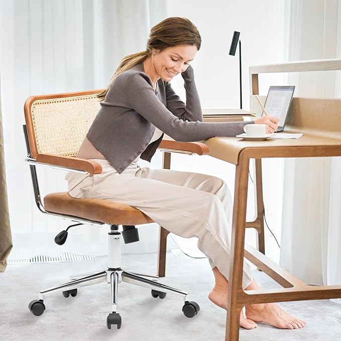 Rattan Office Chairs, Modern Rattan Desk Chair with Natural Back & Wood Armrest, Small Upholstered Tufted Leather Home Office Desk Chairs for Home Ofice, Bedroom, Study, Brown