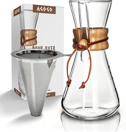 AGOGO Pour Over Coffee Maker Glass - 6/8/10 Cup Barista Kit with 304 Stainless Filter for Home, Office, Camping, Cafes - Easy Clean Coffee Dripper Set (Rag&Brush Included) (6 Cup/20 oz)