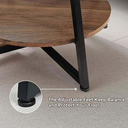 2-Tier Circle Coffee Table with Storage Modern Circular Coffee Table 28.35in Wood Rustic Table for Living Room, Small Space, Home Office, Easy Assembly (Brown)