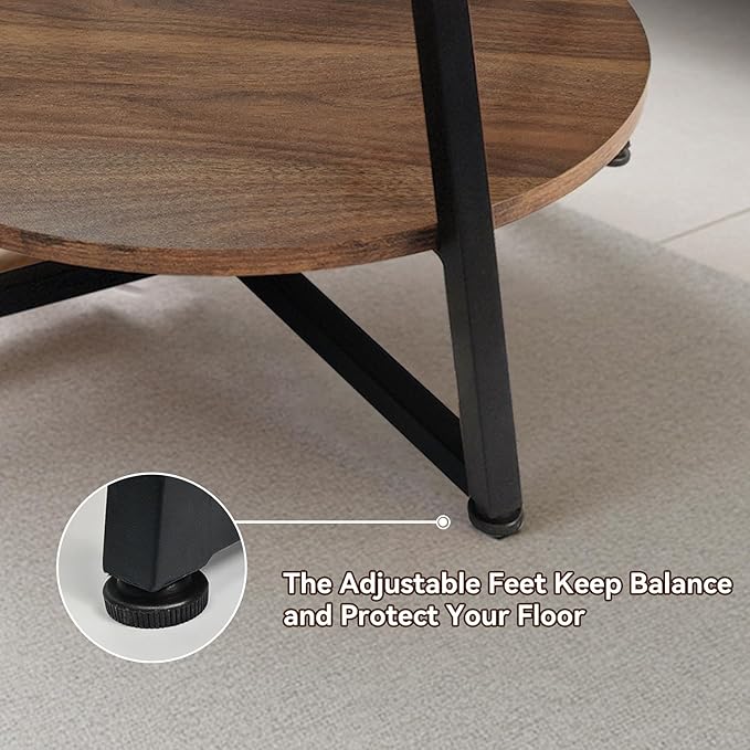 2-Tier Circle Coffee Table with Storage Modern Circular Coffee Table 28.35in Wood Rustic Table for Living Room, Small Space, Home Office, Easy Assembly (Brown)