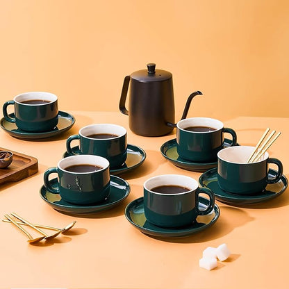 7 oz Coffee Cups with Saucers Spoons - Set of 6 Cappuccino Cups, Dark Green Porcelain Cups Serving for Tea Espresso Latte Mocha