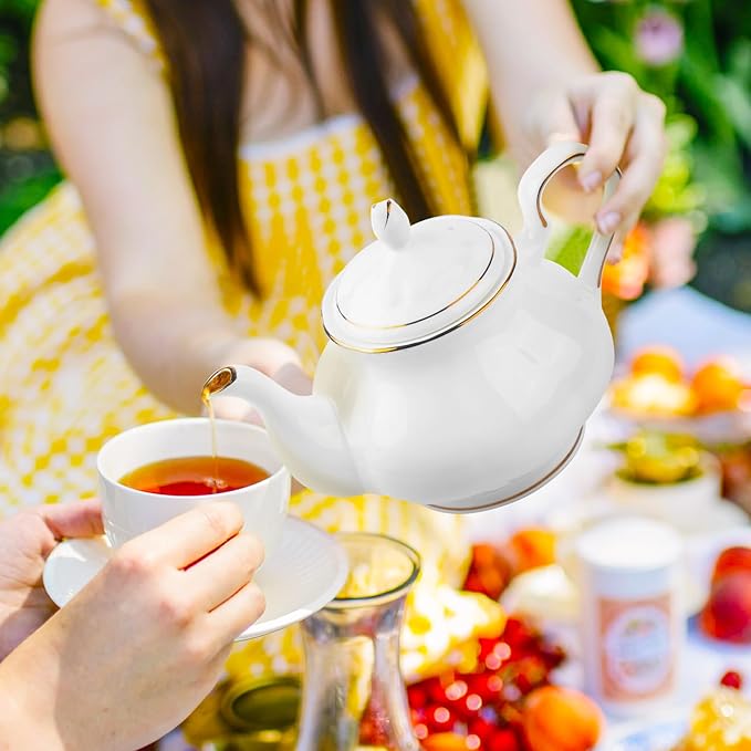GOMMO Fine Real Bone China Teapot 30oz for Elegant Life Ceramic Tea Kettle (White-Gold)
