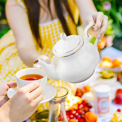 GOMMO Fine Real Bone China Teapot 30oz for Elegant Life Ceramic Tea Kettle (White-Gold)