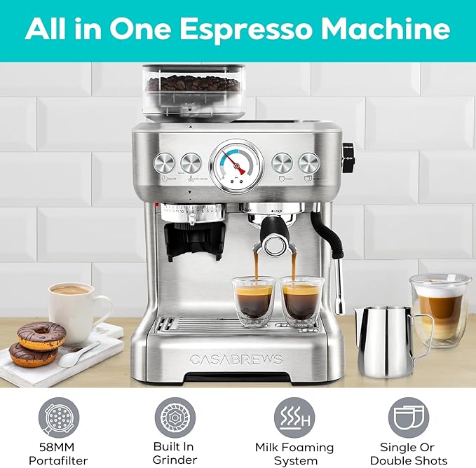 CASABREWS 5700Gense Espresso Machine with Grinder, Barista-Style Cappuccino Maker with Milk Frother Steam Wand, Professional Coffee Maker with Removable Water Tank for Cappuccinos and Lattes
