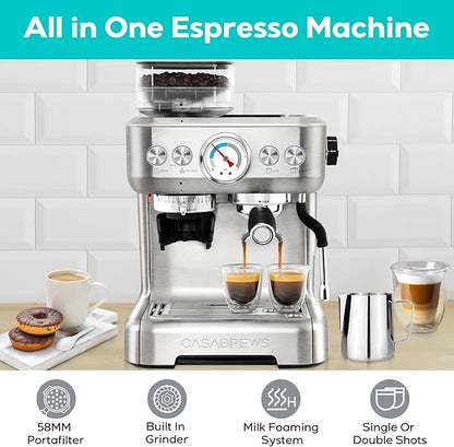 CASABREWS 5700Gense Espresso Machine with Grinder, Barista-Style Cappuccino Maker with Milk Frother Steam Wand, Professional Coffee Maker with Removable Water Tank for Cappuccinos and Lattes
