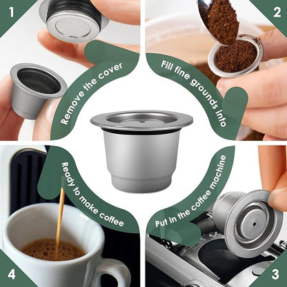 Reusable Coffee Capsules for Originales, Stainless Steel Refillable Coffee Pods, 2pcs Reutilisable Refillable Espresso Capsule(2 Cup+ Tamper+ Stainless Steel Spoon)