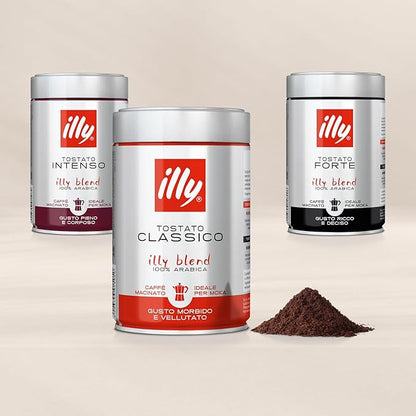 illy Ground Coffee Moka - 100% Arabica Flavored Coffee Ground - Rich Aromatic Coffee Grounds Profile – Classico Medium Roast - Notes of Caramel, Orange Blossom & Jasmine - No Preservatives – 8.8 Ounce