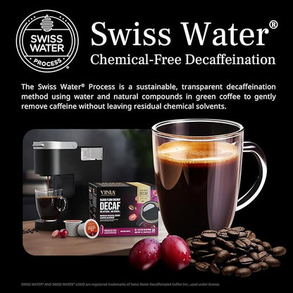 VINIA Blood Flow DECAF Coffee - Medium Roast Superfood Coffee Pods, Swiss Water Process Powered by Red Grape Piceid Resveratrol Boost Energy Compatible with K Cup Coffee Pods Machines, Caffeine Free, 30 Ct