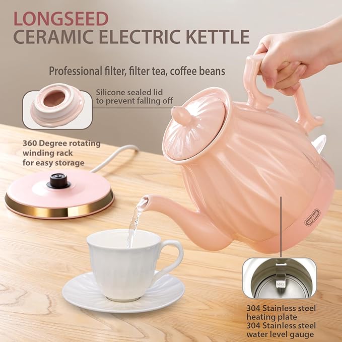 Ceramic Electric Kettle, 1.5L/1200W Boil Water Quickly and Easily with Boil-Dry Protection Auto Shut Off, Detachable Swivel Base, Diamond Cut Glazed
