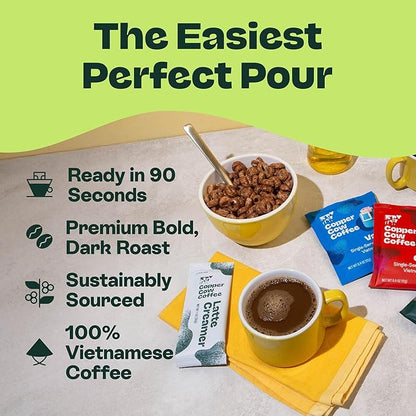 Copper Cow Coffee Pour Over Vietnamese Ground Coffee Pouches + Sweetened Condensed Milk Creamers (8 Coffees & 8 Milk Creamers) | Classic Black Lattes, No Refrigeration Needed