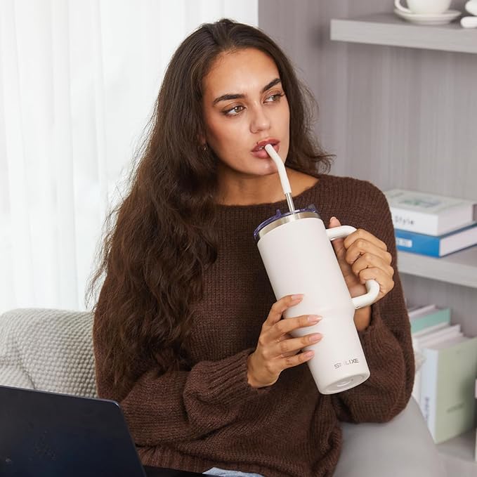 40 oz Tumbler with Handle and Straw Lid,Insulated Reusable Stainless Steel Water Bottle Travel Mug，Cupholder Friendly Double Wall Vacuum Sealed Cup (Almond Birch)