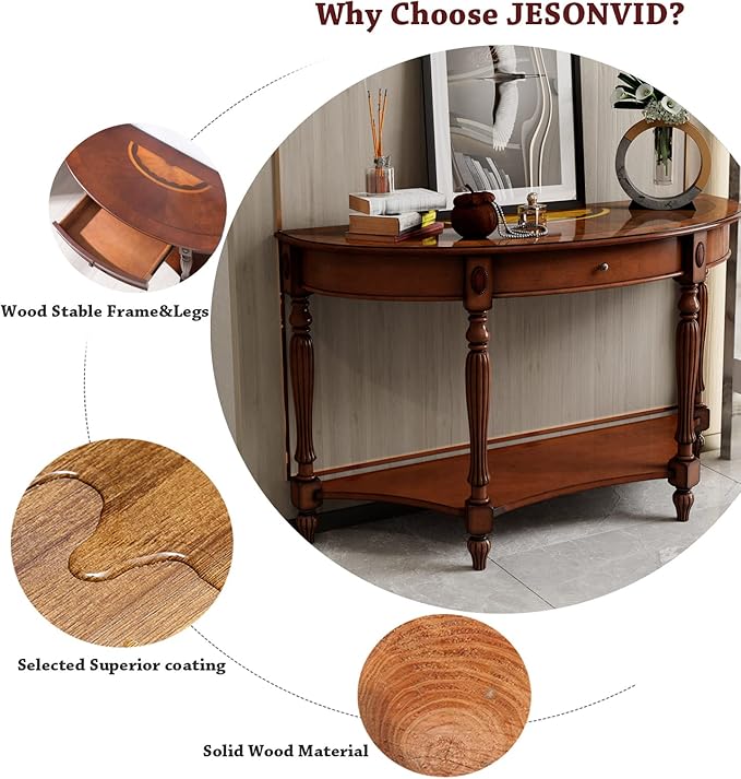 Solid Wood Oval Console Table with Drawer and Storage Shelf, Traditional Vintage Semi-Circle Entryway Table Polished Edging Half-Moon Narrow Table for Living Room Hallway Home, Cherry Walnut