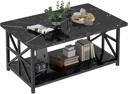 AWQM Faux Marble Coffee Table for Living Room,Modern 2-Tier Coffee Table with Storage,Rectangular Center Table for Sofa,Sturdy Frame,Black