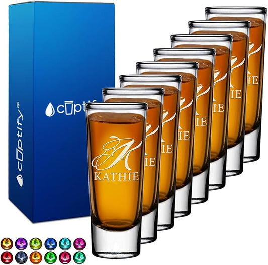 Personalized Shot Glasses Set of 8 Custom 2 oz Cordial Shot Glass Initial and Name for Gifts, Weddings, Birthdays, Party, Event, Decorations
