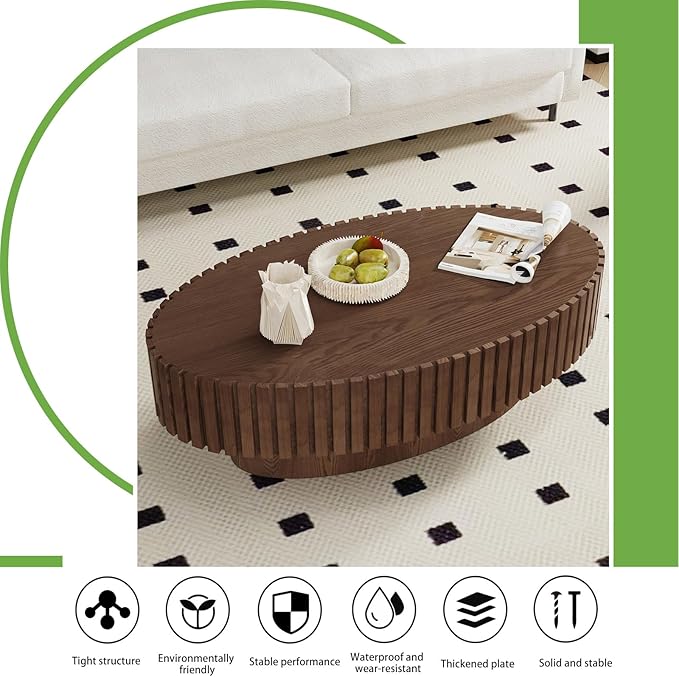 Handmade Wood Oval Coffee Table - Contemporary Style for Living Room, Pedestal Design & Easy Assembly (Walnut)