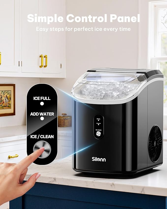 Silonn Nugget Ice Makers Countertop, Chewable Pellet Ice Machine with Self Cleaning Function, Portable Pebble Ice Maker with Ice Scoop for Home Kitchen Office, Black