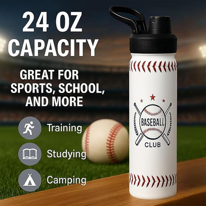 Baseball Water Bottle, 24 oz Insulated Stainless Steel Sports Bottle with Straw, Baseball Stuff Gifts for Boys