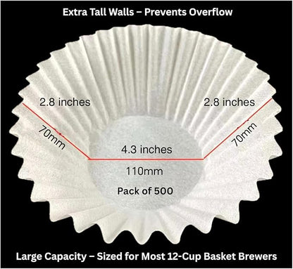 Pine & Pebble® Large Coffee Filters (500 Ct) | Tall-Walled Basket Style (9.84" x 4.33") | No Grounds, No Mess | Fits BUNN & 12-Cup Commercial Brewers | Ideal for Home, Office & Cafés