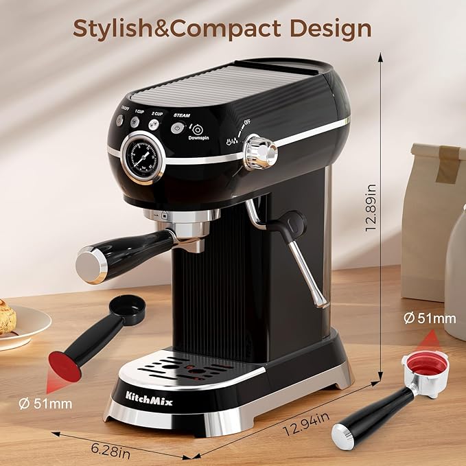 Espresso Machine with Milk Frother, 20 Bar Espresso Maker for Latte and Cappuccino, Expressions Coffee Machine with Removable Water Tank (Glossy dark)