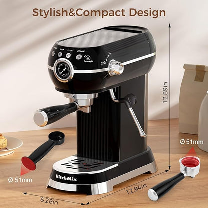 Espresso Machine with Milk Frother, 20 Bar Espresso Maker for Latte and Cappuccino, Expressions Coffee Machine with Removable Water Tank (Glossy dark)