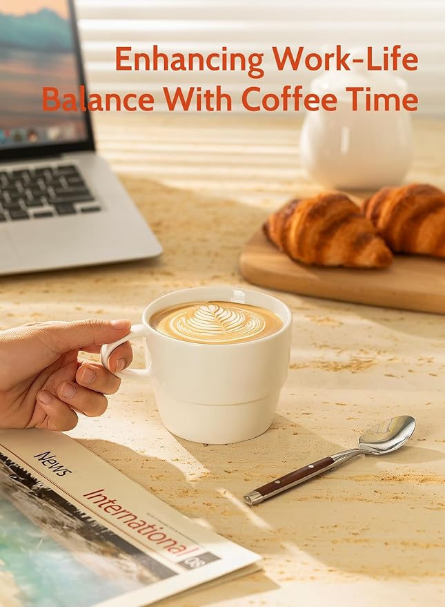 Sweese 6-Pack Porcelain Latte Cups - Stackable 10 Ounce Coffee Mugs for Cappuccino, Mocha, Tea - Space-Saving, Chip-Resistant - Dishwasher Friendly – Ideal for Home and Café, White