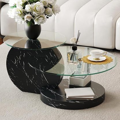 35 Inch Glass Coffee Table，Round Coffee Table with 2-Tier Tempered Glass Tabletop，Easy to Clean Circle Coffee Table with Sturdy Base for Living Room，Office (Black Marble Colored Base