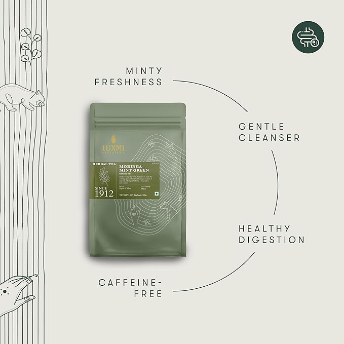 Luxmi Estates Moringa Mint Organic Moringa Mint Green Tea (50 Tea Bags) Caffeine Free Tea Bags For Digestion, Detox, and Stress Relief, With Certified Organic Herbal Tea