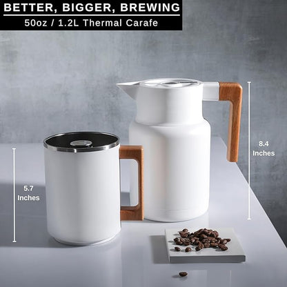 HASTINGS 50 Oz Pour Over Coffee Maker Set with Double Layer Reusable Stainless Steel Filter 8-Cup and Wood Handle - Dual Wall Heat Resistant Drip Coffee Brewer, Pour Over Coffee Dripper Carafe, White