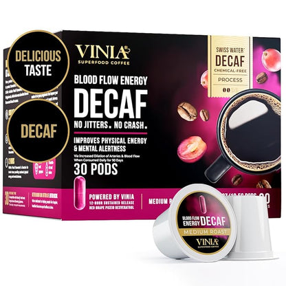 VINIA Blood Flow Energy Coffee DECAF - Medium Roast Superfood Coffee Pods, Swiss Water Process Powered by Red Grape Piceid Resveratrol. K Cup Compatible Coffee Pods, Caffeine Free, 60 Ct