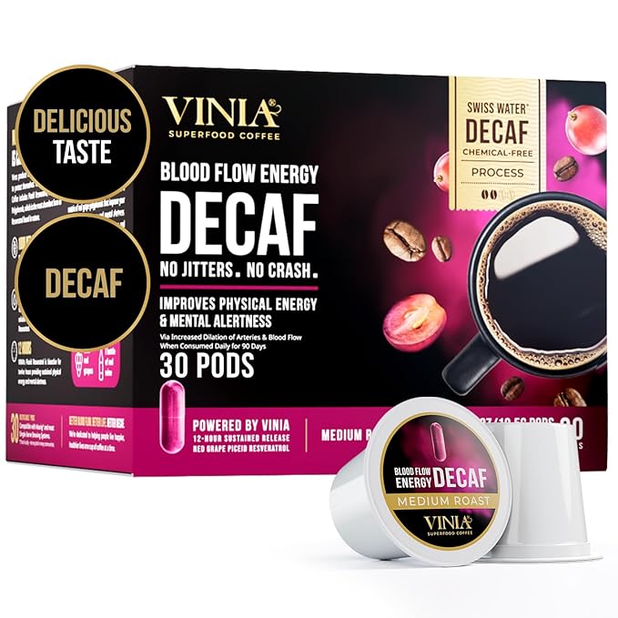 VINIA Blood Flow Energy Coffee DECAF - Medium Roast Superfood Coffee Pods, Swiss Water Process Powered by Red Grape Piceid Resveratrol. K Cup Compatible Coffee Pods, Caffeine Free, 60 Ct
