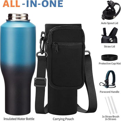 40 oz Insulated Water Bottle with Straw fit in Car Cup Holder - Metal Water Bottle with Straw, Auto Spout Lid, Thermal Water Tumbler Cup with Lid, Storage Carrier Bag, Silicone Boot