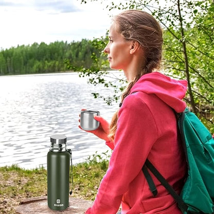 Insulated vacuum Thermo Bottle 750ml/25.4oz with cup Stainless steel coffee bottles for hot and cold drink water flask.(Green,750ml)