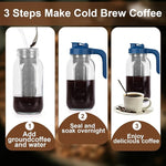 Load image into Gallery viewer, Cold Brew Coffee Maker Pitcher,32 Oz Glass Mason Jar Pitcher with V-shaped Pour Spout Handle Lid,Stainless Steel Filter for Iced Coffee,Iced tea,Breast Milk,Fruit Drinks,lemonade-Blue