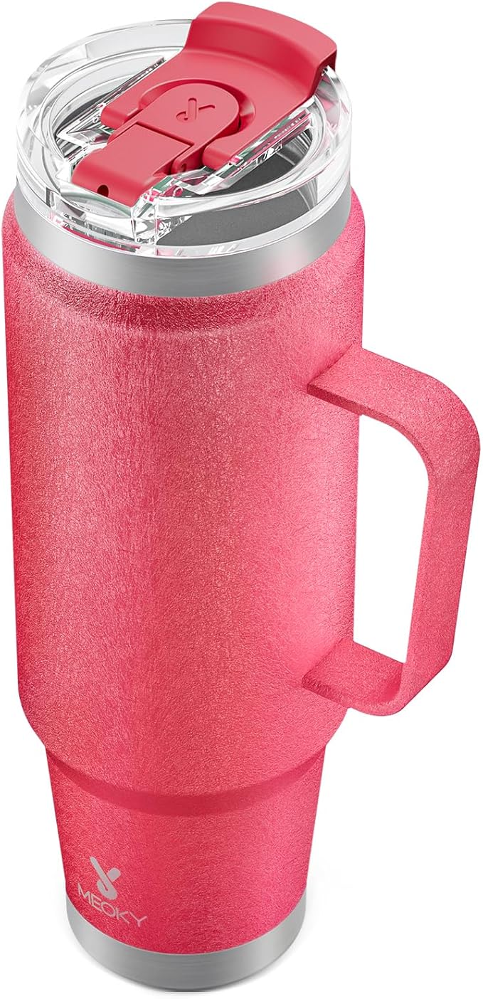 Meoky 40oz Tumbler with Handle, Stainless Steel Travel Mug with 2-in-1 Straw and Sip Lid, Vacuum Insulated Coffee Mug, 100% Leak Proof, Keeps Cold for 34 Hours or Hot for 10 Hours (Ruby)
