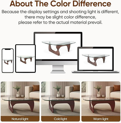 Noguchi Table Triangle Glass Coffee Table Vintage Glass End Table, Solid Wood Base and Triangle Clear Glass Top Modern End Table for Living Room, Patio, Study, Dark Walnut