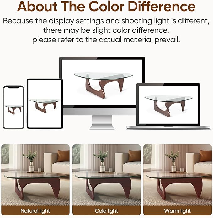 Noguchi Table Triangle Glass Coffee Table Vintage Glass End Table, Solid Wood Base and Triangle Clear Glass Top Modern End Table for Living Room, Patio, Study, Dark Walnut