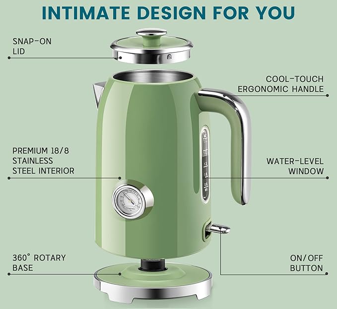 SUSTEAS Electric Kettle - 57oz Hot Tea Water Boiler with Thermometer, 1500W Fast Heating Stainless Steel Pot, Cordless LED Indicator, Auto Shut-Off & Boil Dry Protection, Retro Green