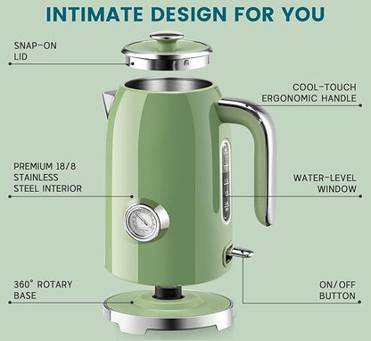 SUSTEAS Electric Kettle - 57oz Hot Tea Water Boiler with Thermometer, 1500W Fast Heating Stainless Steel Pot, Cordless LED Indicator, Auto Shut-Off & Boil Dry Protection, Retro Green