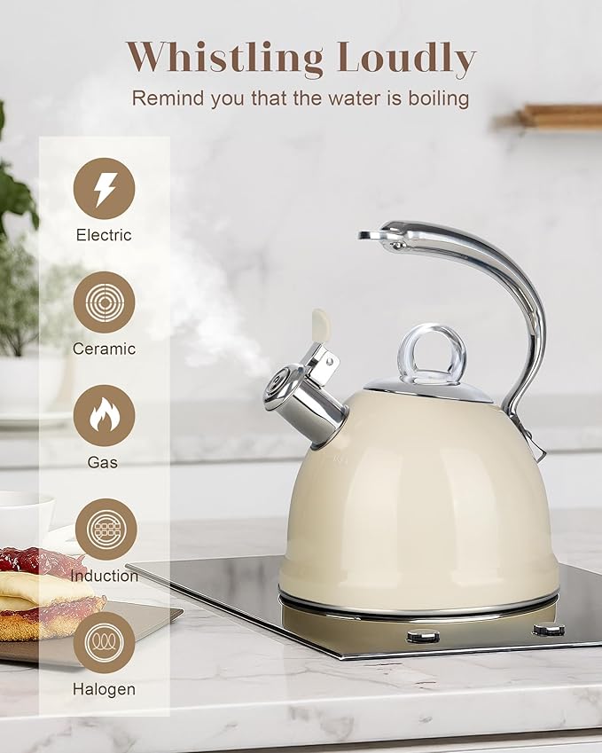 Harriet Tea Kettle Stovetop, 2.5 Quart Whistling Stainless Steel Tea Pot, 3-Layer Base, Unique Ergonomic Handle, Includes Pot Holder & Mat, Electric/Induction/Gas Stovetops Applicable, Beige White