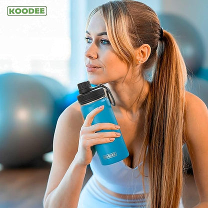 koodee Insulated Water Bottle -18 oz Stainless Steel Double Wall Vacuum Wide Mouth Sport Bottle with Leakproof Spout Lid (Sky Blue)