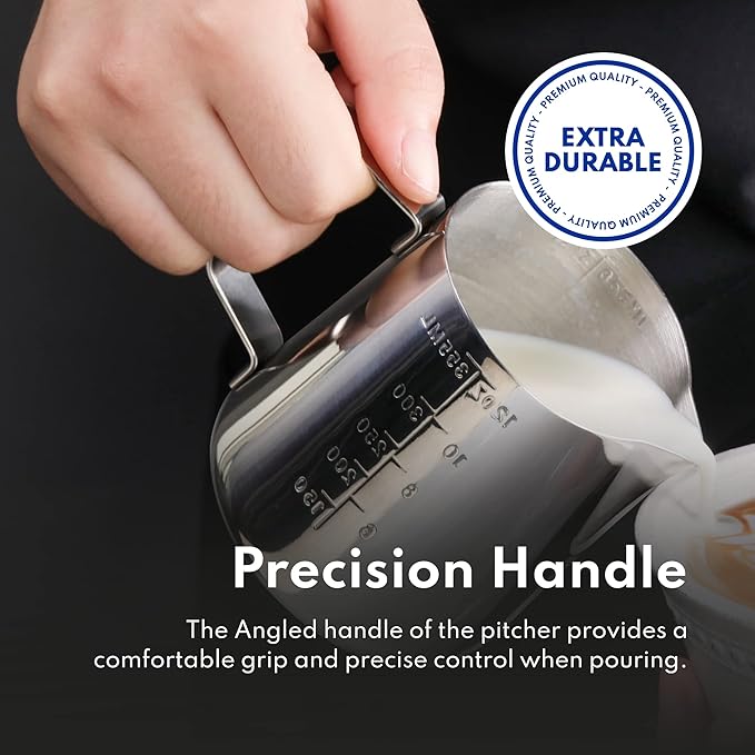 New Star Foodservice 28805 Commercial Grade Stainless Steel 18/8 Frothing Pitcher, 12-Ounce with Measurement Scale