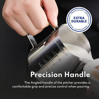 New Star Foodservice 28805 Commercial Grade Stainless Steel 18/8 Frothing Pitcher, 12-Ounce with Measurement Scale