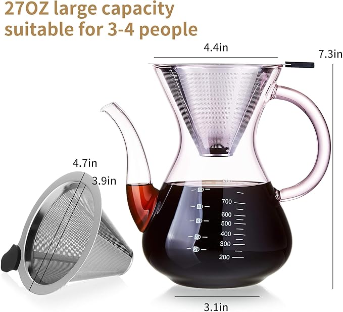 Unbreakable - Pour Over Coffee Maker with Double Stainless Filter 34 fl oz, Thickened Heat-Resistant Borosilicate Glass Pour Over Coffee Dripper, Stovetop Safe