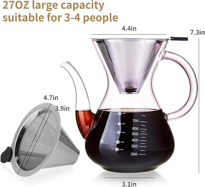 Unbreakable - Pour Over Coffee Maker with Double Stainless Filter 34 fl oz, Thickened Heat-Resistant Borosilicate Glass Pour Over Coffee Dripper, Stovetop Safe