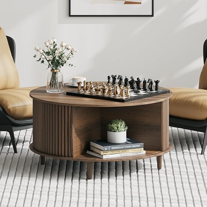 Round Coffee Table with Storage, Mid Century Modern Center Table with Sliding Cabinet Door, Fluted Dining Table for Living Room, Home Small Space, 31.5", Walnut
