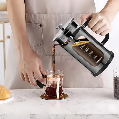 French Press Coffee Maker 34oz / 1 Quart 304 Stainless Steel Coffee Press,with 4 Filters System, Heat Resistant Thickness Borosilicate Glass, Brewed Coffee Pot (Bright Black)