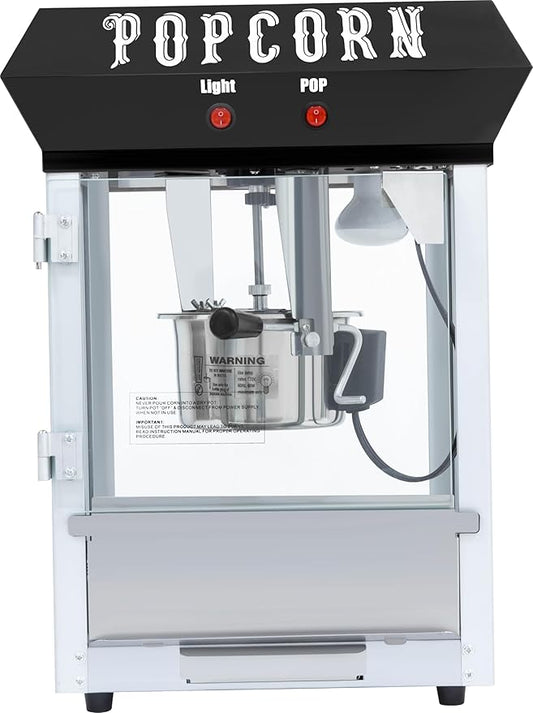 6OZ Popcorn Machine 丨 Stainless Steel Kettle Popcorn Maker Machine for Home, Theater, Parties丨Grade Electric Popper, Black